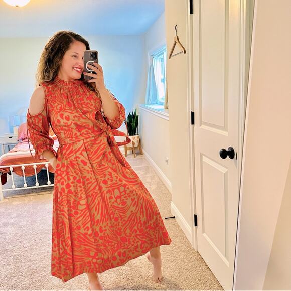 NWT Cynthia Rowley Orange Camel Animal Printed Open Shoulder Cotton Maxi Dress S - Picture 1 of 13